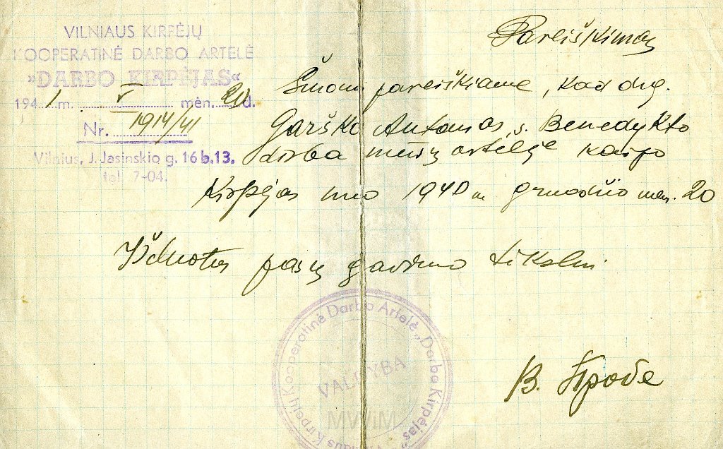 KKE 5820-1.jpg - (litewski-rosyjski) Dok. Zaświadczenie pracy Zakładu fryzjerskiego dla Antoniego Graszko, Wilno, 20 V 1941 r./ 5 III 1941 r.